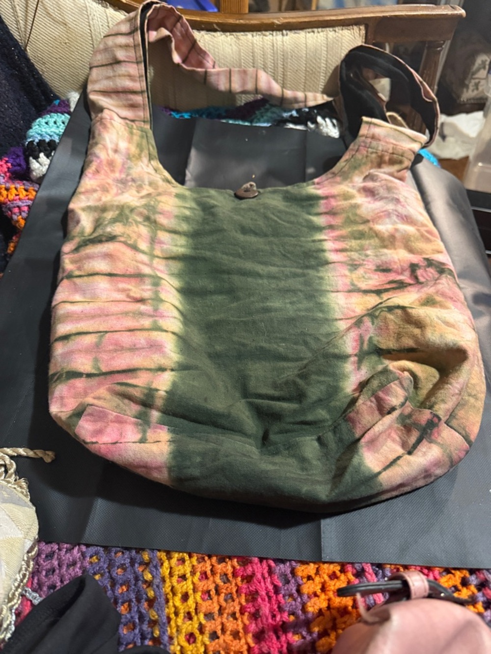 Tie-Dye Canvas Shoulder Bag - Green & Pink